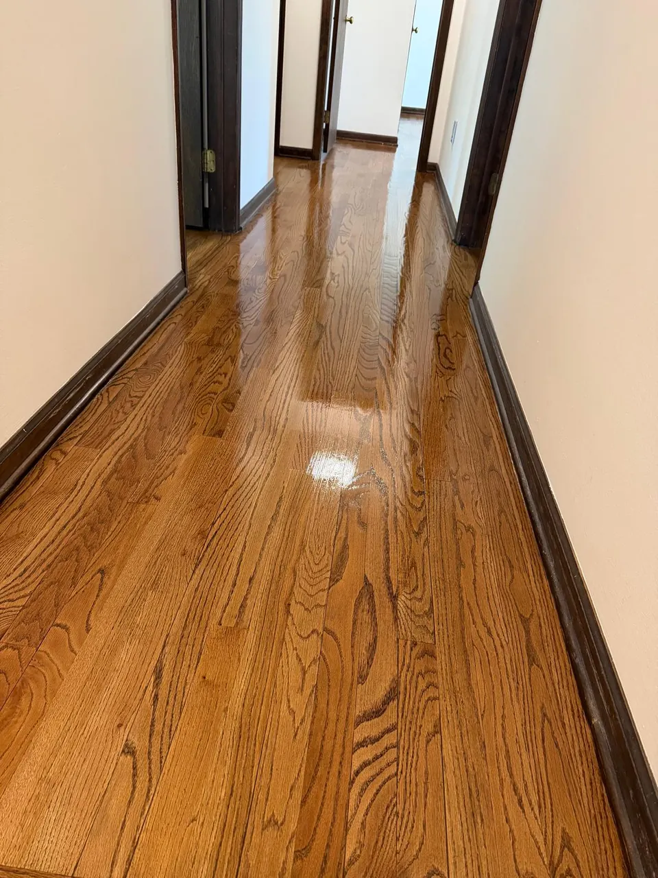 Hallway oak floor refinished after board repairs, dark stained trim