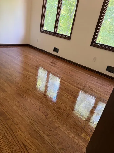 Refinished floor reflecting light from two windows